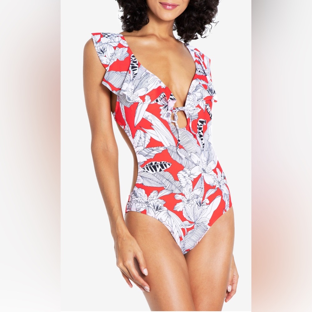 RACHEL Rachel Roy Island Getaway Tie-Front Ruffle One-Piece Swimsuit